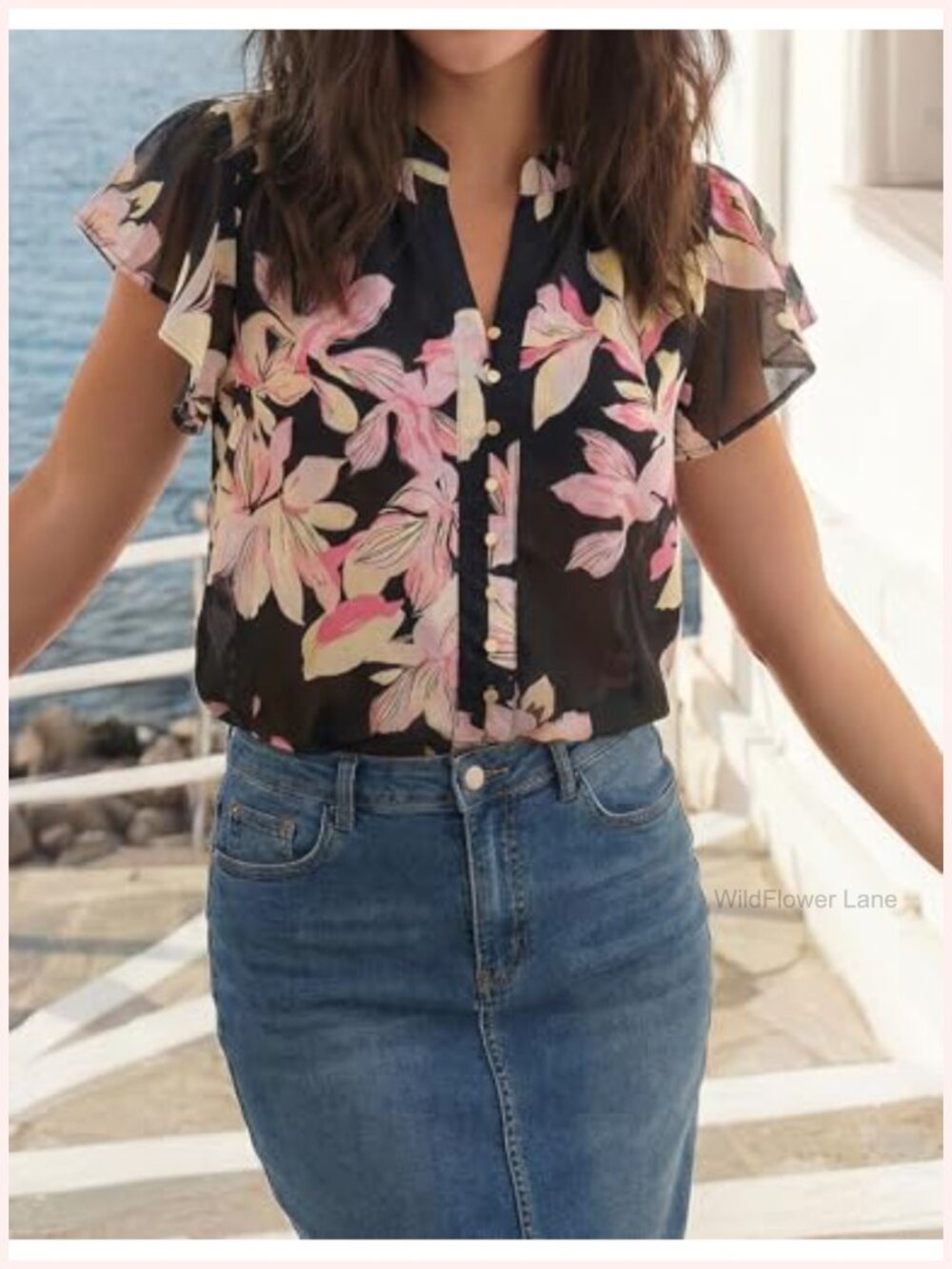 Chiffon Floral Ruffle Sleeve V-Neck Button Down Blouse - Picture 4 of 5